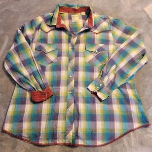 Roper Metallic Womens 1X Pearl Snap Long Sleeve Purple Green Plaid Western Shirt